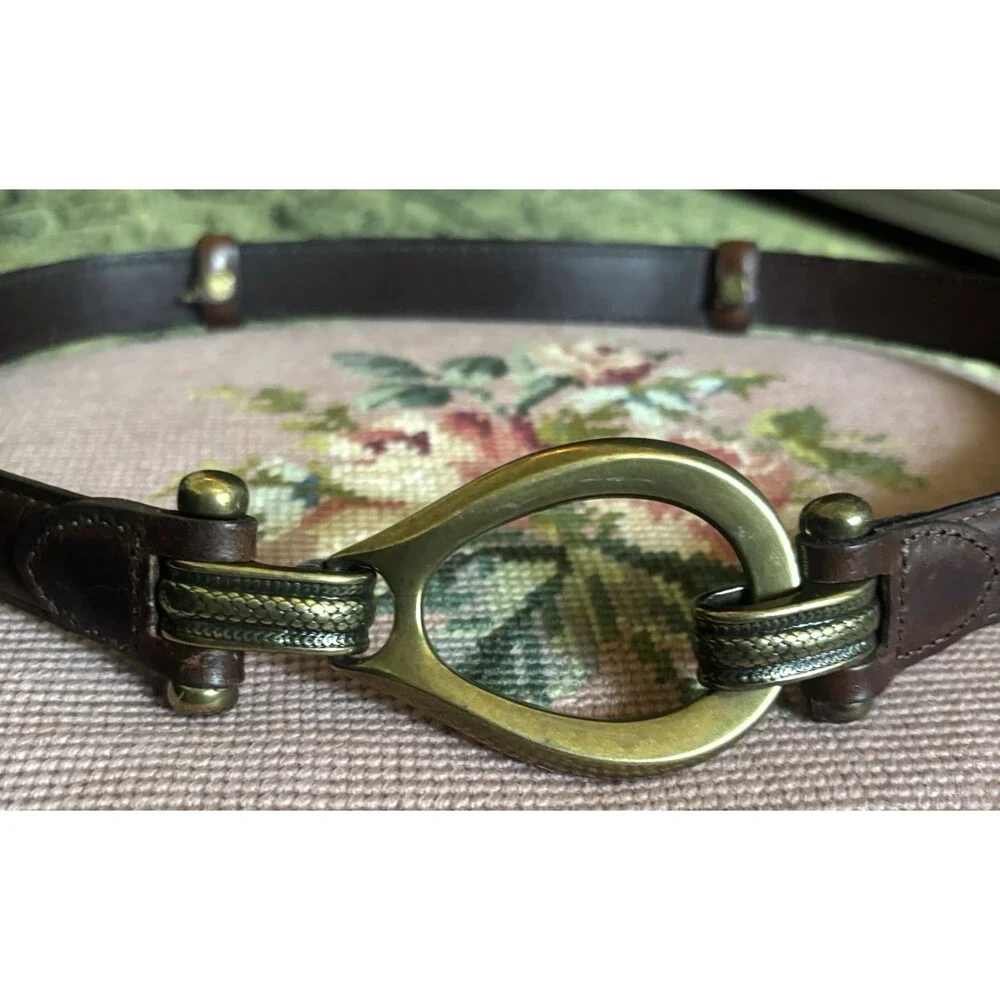 Vintage Brown Leather Waist Belt Brass sz M Adjustable Equestrian Western Snake